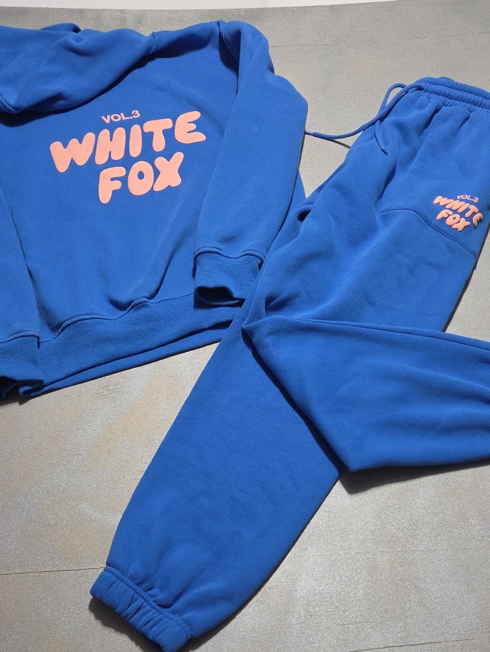White Fox Boutique Blue Track Joggers with Peach Logo